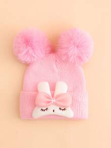 3PCS Baby Double Pom Pom Bow Rabbit Applique Folded Knit Hat, 3 Fashionable Minimalist Color Options, Cute Versatile Accessory For Baby Soft Adorable Look, Suitable As Gift - Multicolor - View 2