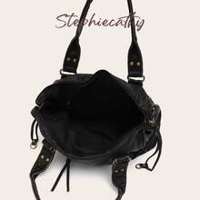 STEPHIECATHY Unisex Retro Casual Chic Street Style Washed PU Leather Tote Bag, Zipper Closure, Multi-Functional Pockets, - Black - View 6