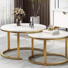 TONSSIDA Nesting Coffee Table Set Of 2, Round White Marble Coffee Table, Nesting Tables For Living Room, Space Saving Side Tables With Metal Frame - Gold - View 1