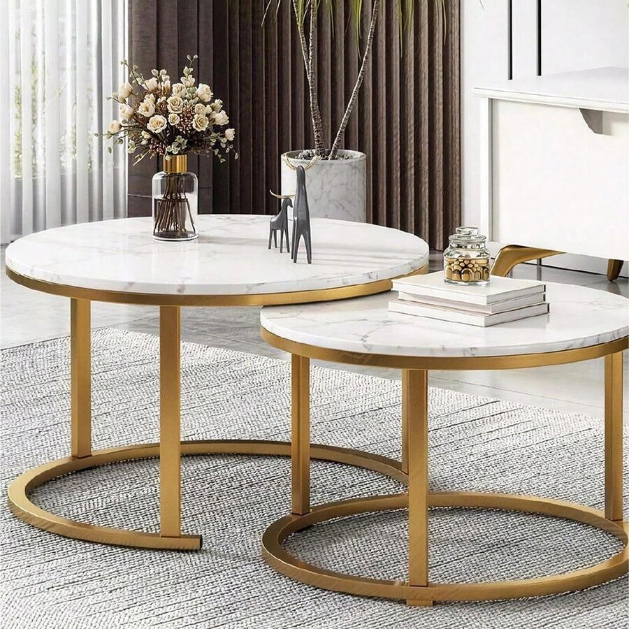 TONSSIDA Nesting Coffee Table Set Of 2, Round White Marble Coffee Table, Nesting Tables For Living Room, Space Saving Side Tables With Metal Frame - Gold - View 1