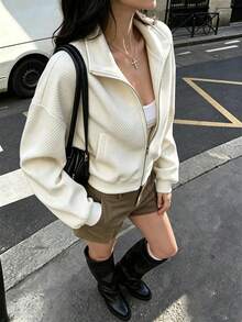 Solid Color Zip-Up Jacket, College Style, Daily Wear, All Seasons - Off-white - View 3