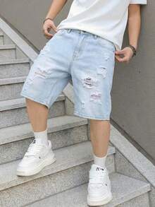 Sourced Cotton - European & American Men's Distressed Denim Shorts - Baby Blue - View 1