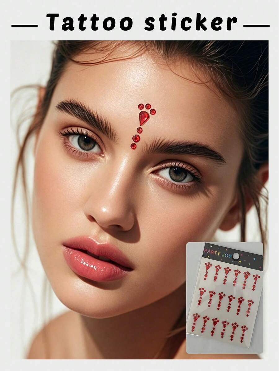 1 Sheet Red Teardrop Round Face Gems Stickers, Self-Adhesive Rhinestone Face Jewels, Sparkly Crystal Forehead Temporary Gem Decor For Rave Festival Party Stage Makeup For Women Girls - Red - View 1