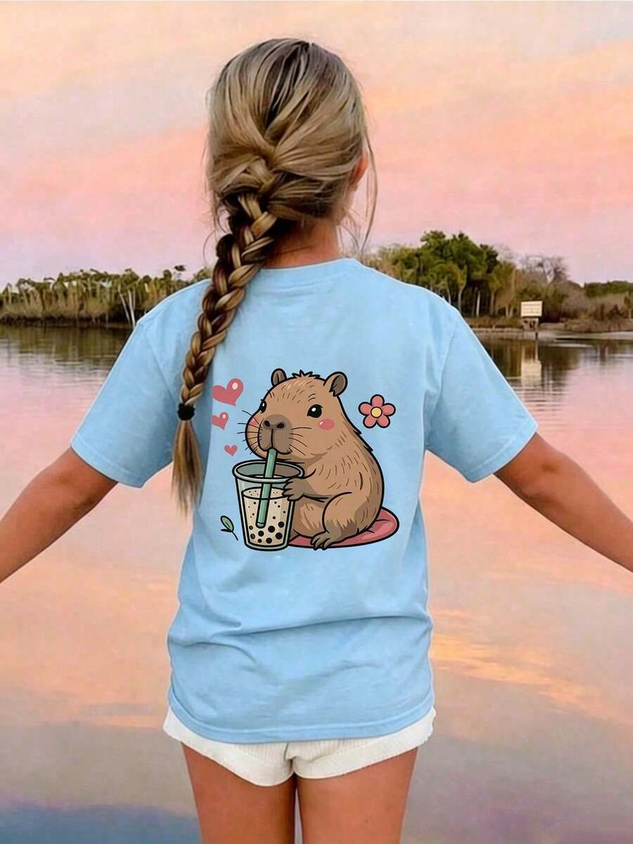 Tween Girl Cute Capybara Print T-Shirt, Soft And Comfortable Fabric, Suitable For Girls Outdoor Sports, Daily Wear, Street Style, Campus Style, Fashionable Girls Spring/Summer Casual Versatile Top - Baby Blue - View 1