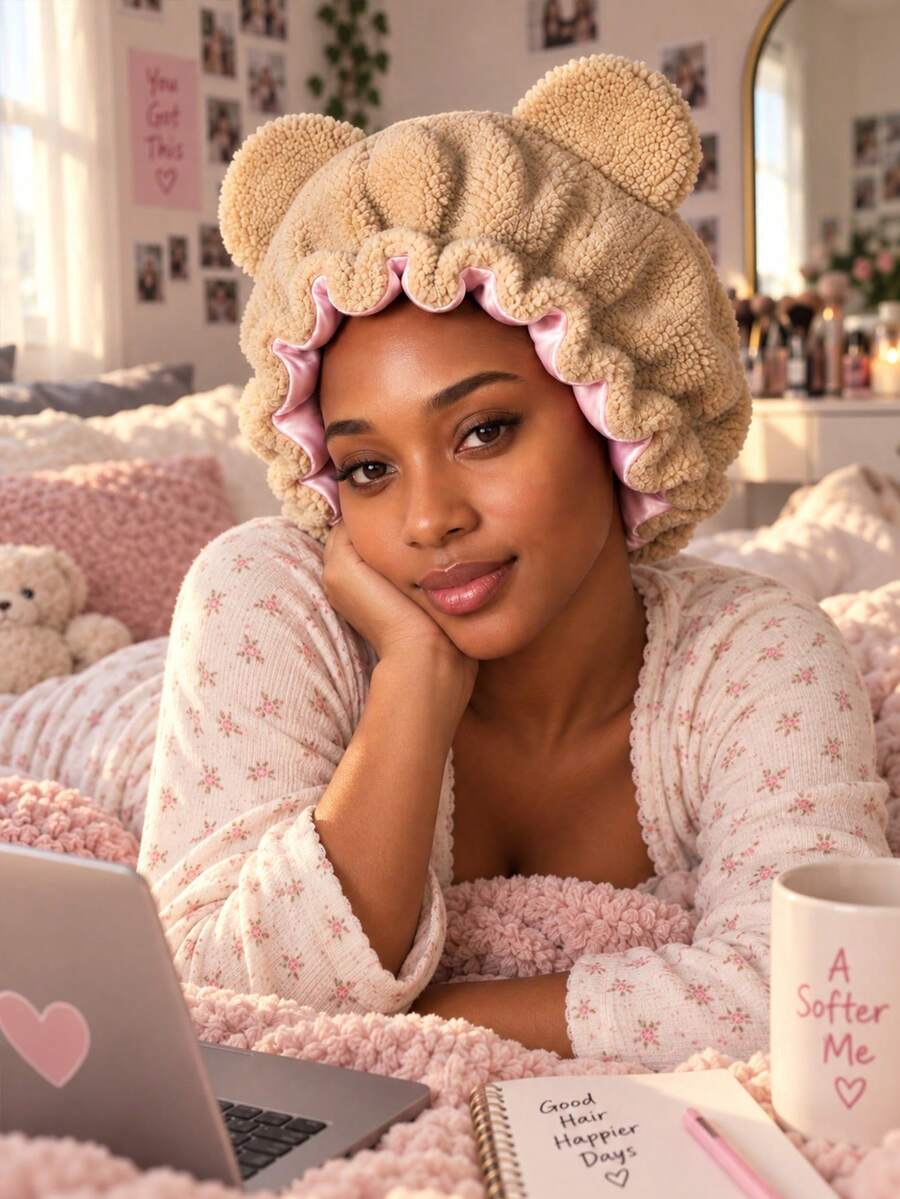CONFLASS Cute Bear Ear Fuzzy Sleep Bonnet, Fluffy Teddy Fleece Night Cap With Satin Ruffle Trim, Soft Warm Home Sleeping Hair Cap For Women - Multicolor - View 1