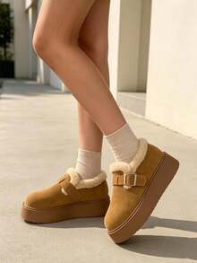 Botas de tobillo gruesas y cálidas de moda nueva de invierno para mujer, con decoración de hebilla de metal, cómodas botas de nieve. - Marrón - Ver 2