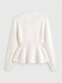 Just Masa Women's Fall Winter Casual Button Up Ruffle Hem Sweater Cardigan,Solid Color Bishop Sleeve V Neck Knitwear,For Date,Going Out,Commute,Party - Off White - View 4