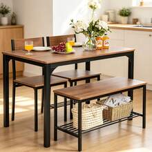 Juego de mesa de comedor para 4 personas, mesa de cocina con banco y sillas, juego de comedor industrial con marco de metal y estante de almacenamiento, para reuniones familiares, cenas diarias y espacios pequeños, color marrón - Marrón - Ver 9