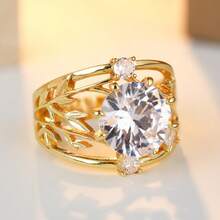 Vintage Hollow Out Ring For Women, Round Synthetic Zirconia Vine Leaf Design, Versatile Jewelry For Daily Commute & Wedding Banquet - Gold - View 4