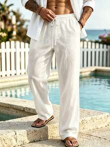 Kolrap 1pc Men's Summer Solid Color Thin Slightly Sheer Drawstring Long Pants, Casual Regular Fit Versatile Straight Leg Beach Pants, Suitable For Daily Cool Wear, Linen Blend Fabric (Prone To Wrinkles And Normal Translucency, Size Runs Small, Please Order One Size Up, Caution For Those Who Mind) - White - View 2