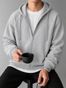 Men's Autumn/Winter Casual Fashion Streetwear Solid Color Zip-Up Hoodie With Drawstring - Grey - View 3
