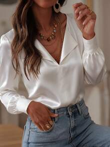 EARO Women's Fashion Long Sleeve Blouse, White, Regular Fit, Silky Satin Fabric, Suitable For Daily Wear - Apricot - View 1