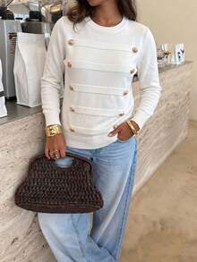 Women's Fashion White Top With Gold Faux Buttons, Autumn Fashion Outfit - White - View 2