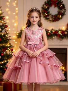 Tween Girl Luxury Short Party Dress, Flower Girl Wedding Birthday Formal Dress For All Season - Dusty Pink - View 1