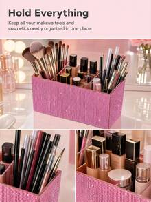 1pc Rhinestone Embellished 3-Compartment Storage Box, Large Capacity, Multi-Color Rhinestone Inlaid, Luxurious Sparkling Style, Full Pave Pattern, Neat Edges, Makeup Tool Container, Suitable For Bedroom Vanity, Dressing Room Desk - Multicolor - View 2