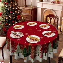 1pc Christmas Tablecloth - Red Vintage Festive Gold Snowflake Christmas Tree Print Design - Durable Polyester Fabric - Suitable For Rectangular, Round, Dining Tables - Party, Home, Restaurant Winter Decoration - Easy To Clean Holiday Decor - Multicolor - View 2