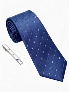 1 Set Men's Business Tie And Tie Clip Set, Fashionable, Steady, High-End, Versatile Daily Work Interview Accessory Set, Suitable For Gatherings, Parties, Dinners - Navy Blue and White Gingham Dotted - View 3