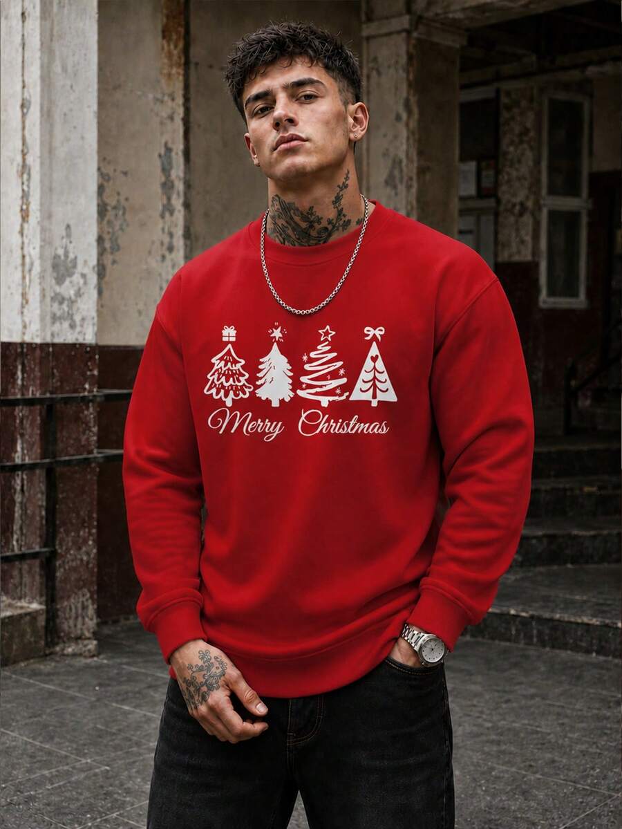 Áo nỉ nam FRACTYR Giáng sinh dáng rộng cổ tròn, in họa tiết cây thông Noel vẽ tay và slogan Merry Christmas, kiểu chui đầu - Đỏ - Xem 1