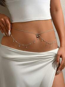 1pc Summer Vacation Style Silver Multi-Layer Chain Waist Belt, Dainty Belly Chain Necklace, Unique Design Elegant Body Chain Accessory, Suitable For Engagement, Wedding, Party, Festival, Gift For Friends And Loved Ones (Handmade, Random Number Of Rhinestones) - Silver - View 2