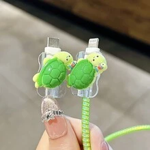 5件組適用於20W美規/歐規充電器保護套，可愛太陽椰子樹海龜設計，鮮綠色數據線保護套，防斷裂線材套 - 歐規 20W 太陽椰樹 - 查看 4