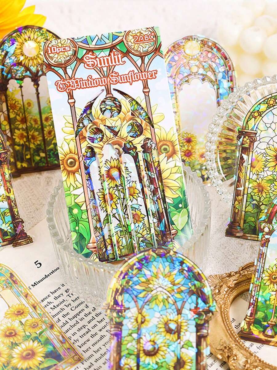 10pcs/ Pack Fantasy Floral PET Waterproof Stickers, Self-Adhesive Shiny Half-Round Sticker Decor With Glitter Accents For Plastic, Reusable Scrapbooking Stickers, DIY & Decoration Accessories