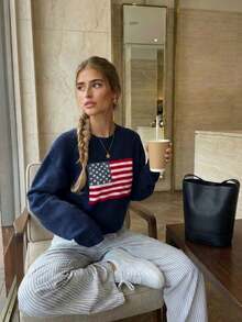 LUBI Women's Spring Autumn Winter American Flag Pattern Long Sleeve Pullover Sweater, American Vintage Knit Cardigan, Casual Daily Wear Fall - Royal Blue - View 2