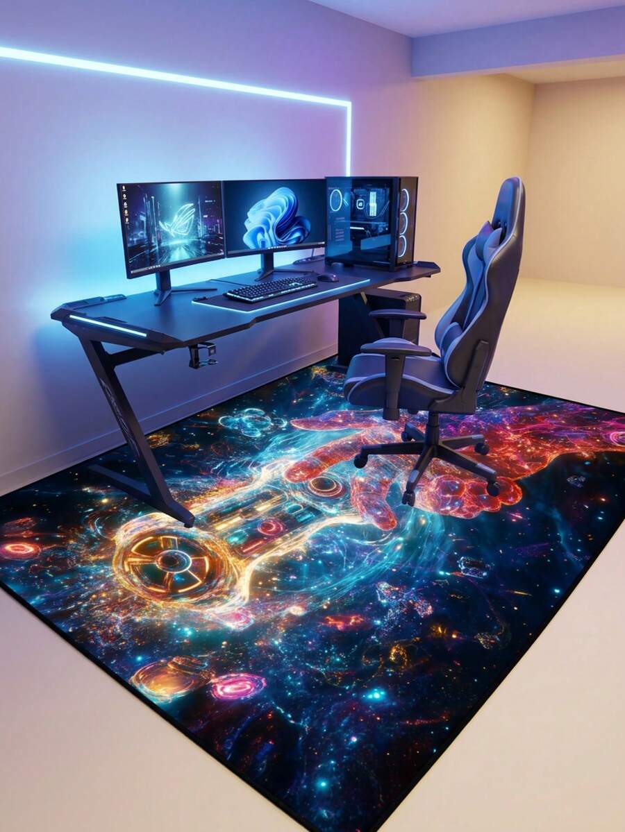 1PC Colorful Sci-Fi Mechanical Hand Game Controller Future Tech Style Crystal Velvet Rectangular Area Rug, Starry Sky Neon Light Effect Details, Machine Washable, Suitable For Gaming Room Bedroom Home Decor, All Season Use, Aesthetic Home Decoration - Multicolor - View 1