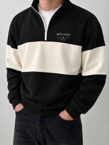 Men's Autumn/Winter Casual Fashion Versatile Color-Block Minimalist "MILANO" Print Comfortable Half-Zip Long Sleeve Sweatshirt - Black - View 2
