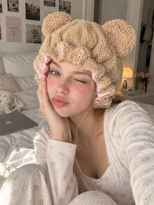 CONFLASS Cute Bear Ear Fuzzy Sleep Bonnet, Fluffy Teddy Fleece Night Cap With Satin Ruffle Trim, Soft Warm Home Sleeping Hair Cap For Women - Multicolor - View 4