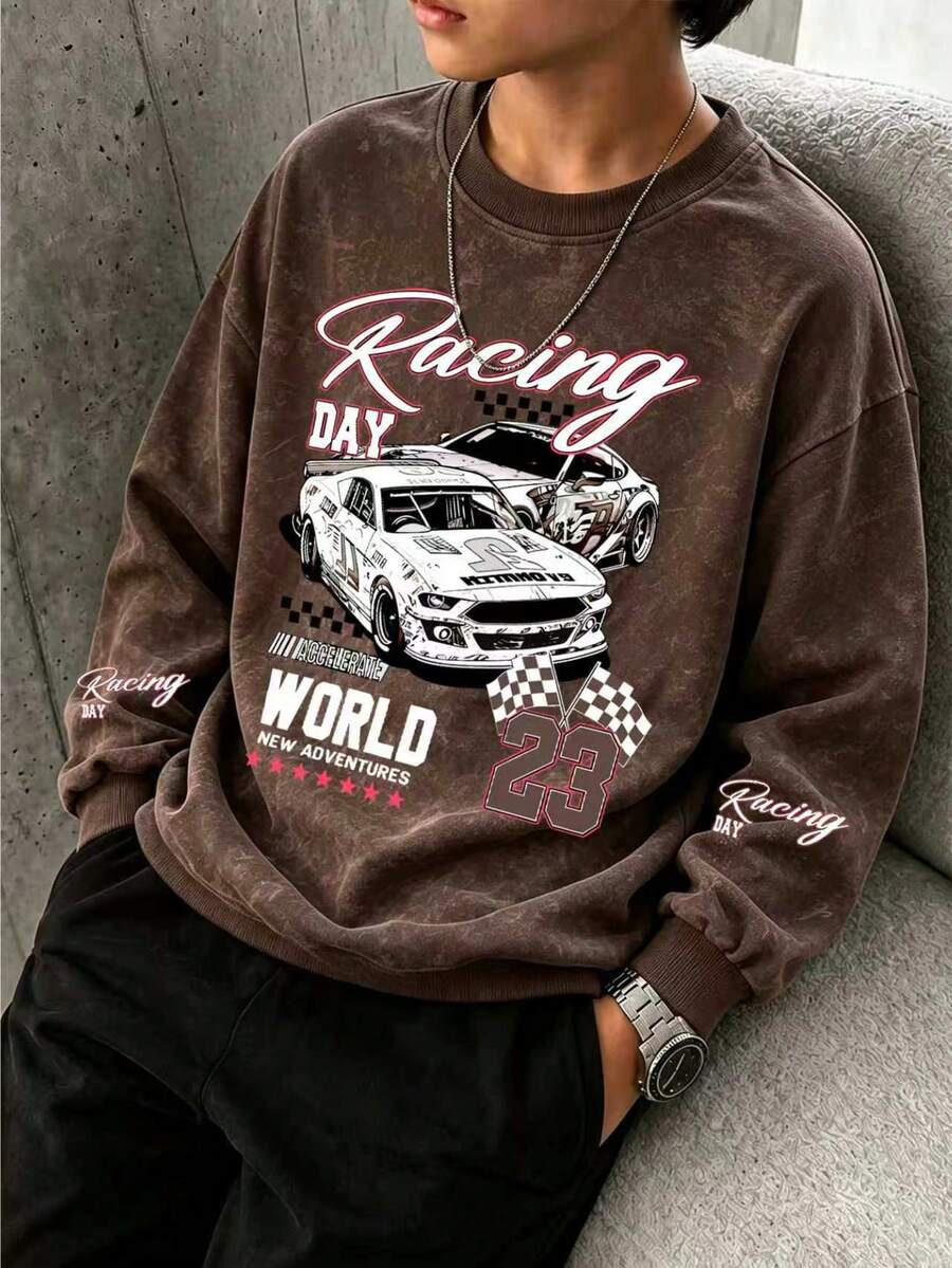 Racing-Themed Print Vintage-Style Tie-Dye Crewneck Sweatshirt, Soft And Comfortable,Suitable For Autumn And Winter Outfits. - Brown - View 1
