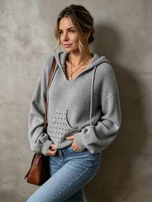 Women's Solid Color Hooded Drop Shoulder Long Sleeve Loose Knit Pullover, Front Pocket, Rhinestone Decor, Autumn/Winter Daily Versatile Top - Grey - View 5