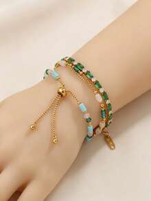 Camhanno 2pcs Green Rectangular Zirconia & Natural Mixed Color Stone Beaded Bracelet Set, Gold-Tone Stackable Bohemian Style Women's Jewelry - Multicolor - View 3