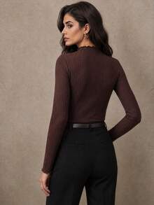 Elegant Minimalist Frill Trim Mock Neck Ribbed Long Sleeve Slim Fit Stretch Base Layer Top, Flattering Innerwear For Commuting Autumn Winter - Brown - View 5