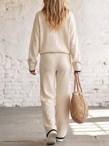 Women's Ribbed Knit Sweater And Wide Leg Pants Set, Long Sleeve V-Neck Casual Outfit For Autumn/Winter - Apricot - View 6