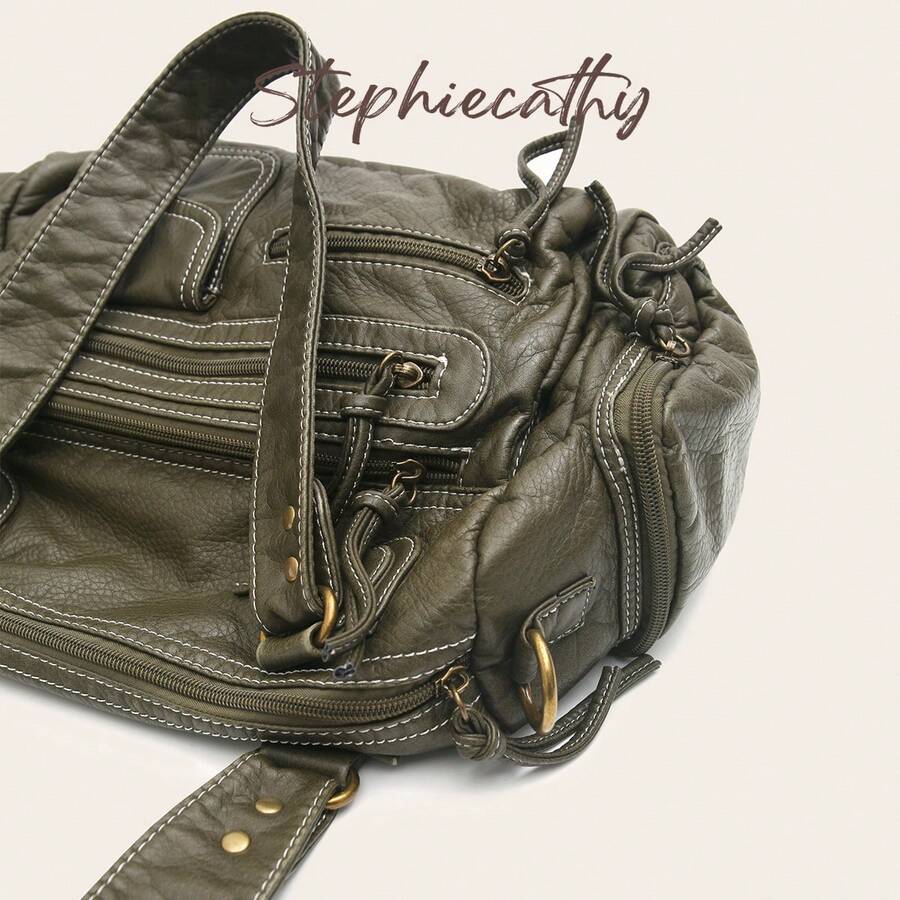 STEPHIECATHY Solid Color Washed Soft PU Faux Leather, Zipper Closure, Multi-Pocket Design, Dual Short Shoulder Straps, Adjustable Waist Belt, Unisex, Retro Casual Practical Function, Suitable For College Daily Commute - Olive Green - View 1