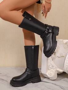 2026 Women's Boots Fashion Versatile Round Toe Thick Sole High-Top Mid-Calf Boots With Buckle And Pleated Design - Black - View 1