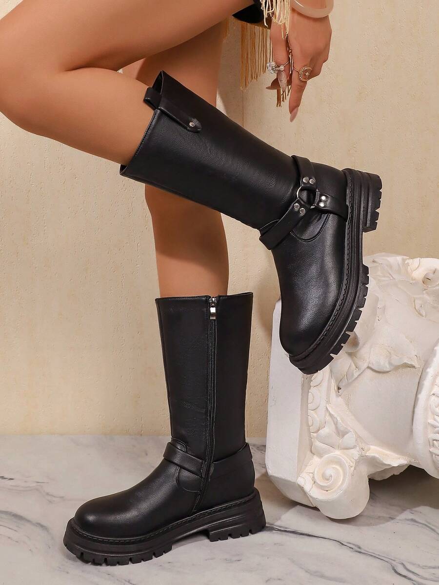2026 Women's Boots Fashion Versatile Round Toe Thick Sole High-Top Mid-Calf Boots With Buckle And Pleated Design - Black - View 1