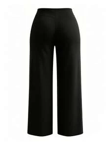 Plus Size Women's Solid Color Elastic Waist Flare Casual Long Pants - Black - View 12