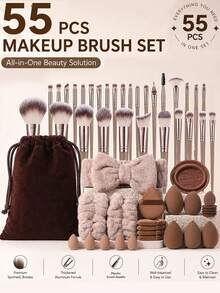 55Pcs Makeup Tool Set,30Pcs Makeup Brushes With Storage Bag, Includes Makeup Sponges, Powder Puffs, Bow Hair Scrunchies, Brush Cleaning Bowl, Complete Cosmetic Kit For Face & Eye Makeup, Synthetic Brushes For Beginners & Makeup Lovers - Brown - View 7
