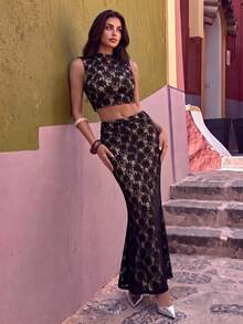 Women's Elegant Sexy Lace 2 Pieces Set - Sleeveless Stand Collar Backless Top & Flared Mermaid Skirt, Suitable For Outings, Holidays - Black - View 1