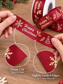 1roll New Year Christmas Ribbon 2.5cm*25yards (22.75m), Burgundy, Dark Green Dense Polyester Satin Ribbon, Snowflake Christmas Tree Reindeer Pattern, Perfect For Festive Christmas Tree Gift Bag Decoration, Merry Christmas Ribbon/Bow - Multicolor - View 7