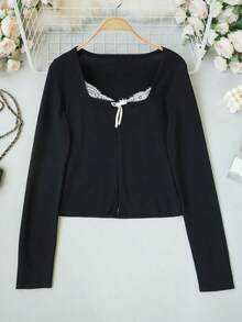 2026 Pure Desire Style Bow-Knit Top, Square Neck Zipper Fitted Black Ribbed Sweater, Sexy Lady Knitwear, Suitable For Autumn/Winter Daily, Date, Commute, Christmas, New Year, Outing, Commute, Date Sweater Top - Black - View 5