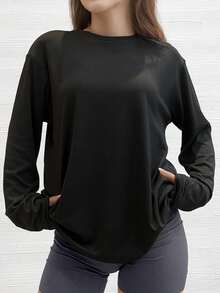 Slightly Dropped Shoulder Long Sleeve T-Shirt, Solid Black, Loose Casual Fit - Black - View 1