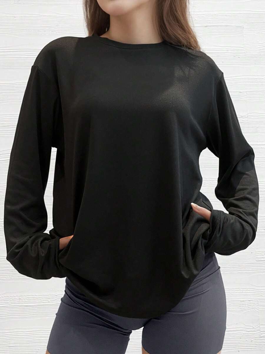 Slightly Dropped Shoulder Long Sleeve T-Shirt, Solid Black, Loose Casual Fit - Black - View 1