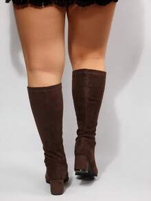 Women's New Solid Color Elastic Mid-Calf Boots, Round Toe Suede Heel 6cm High, Plus Size, Comfortable Anti-Slip, Fashionable Versatile, Match With Jeans, Match With Skirts, Suitable For Daily Wear, Party - Brown - View 4