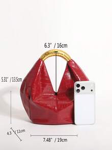 1pc Red Stone Texture Embossed PU Ruffled Design Vintage Metal Hardware Handbag, Exquisite Fashion Zipper Bucket Bag, Suitable For Commuting And Shopping - Red - View 2