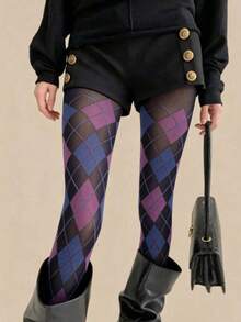 1 Pair Vintage Diamond Checkered Women's 80D Medium Thickness Tights, Shaping, Slimming, Warm, Vintage Colorful Diamond Checkered Pattern Slimming Striped Colorblock Opaque Tights, Suitable For Spring And Autumn - Multicolor - View 9