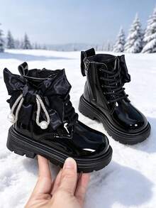 1 Pair Girls' Short Boots, Mirror PU + Fabric Bow & Pearl Decor, Round Toe, Elastic Soft Sole, Inner Zipper Design, Fashionable Cute Princess Style, Suitable For Daily, Holiday, Campus, Autumn/Winter New - Black - View 2