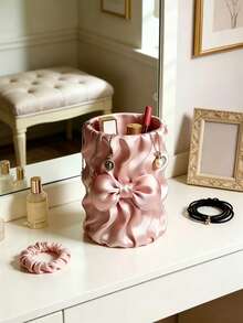1pc Ins Style Bow Satin Makeup Brush Holder, Girly Desktop Makeup Storage Bucket - Multicolor - View 1