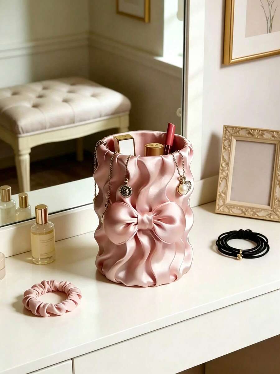 1pc Ins Style Bow Satin Makeup Brush Holder, Girly Desktop Makeup Storage Bucket - Multicolor - View 1
